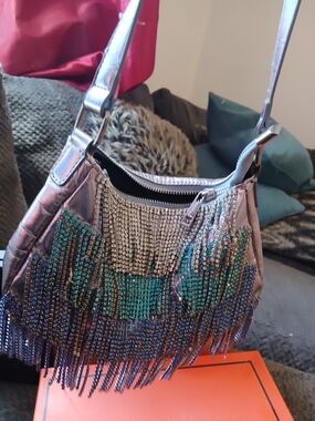 DOLLS POSTER GIRL Silver Shoulder Bag with Teal & Blue Fringe